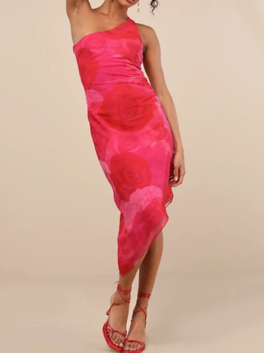 NWT Lulus Sz S Pretty Serene Pink Floral One-Shoulder Asymmetrical Midi Dress